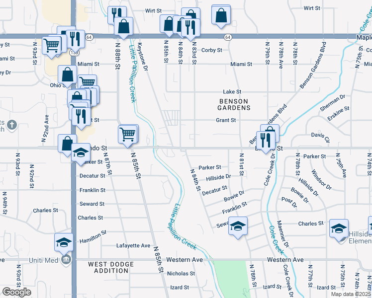 map of restaurants, bars, coffee shops, grocery stores, and more near Blondo St & N 84th St in Omaha