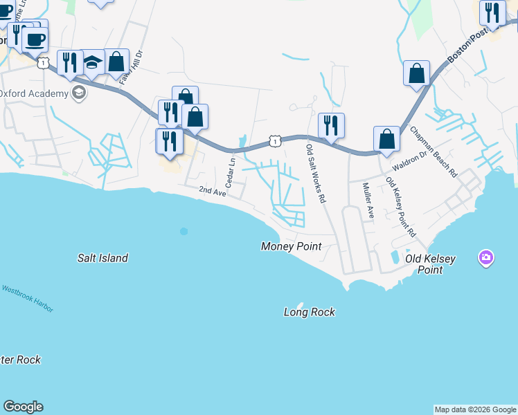 map of restaurants, bars, coffee shops, grocery stores, and more near 23 Beach Court in Westbrook