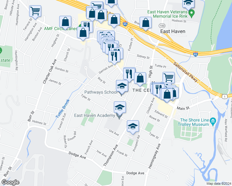 map of restaurants, bars, coffee shops, grocery stores, and more near 67 Bishop Street in East Haven