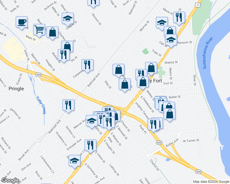 map of restaurants, bars, coffee shops, grocery stores, and more near 73 Eley Street in Kingston