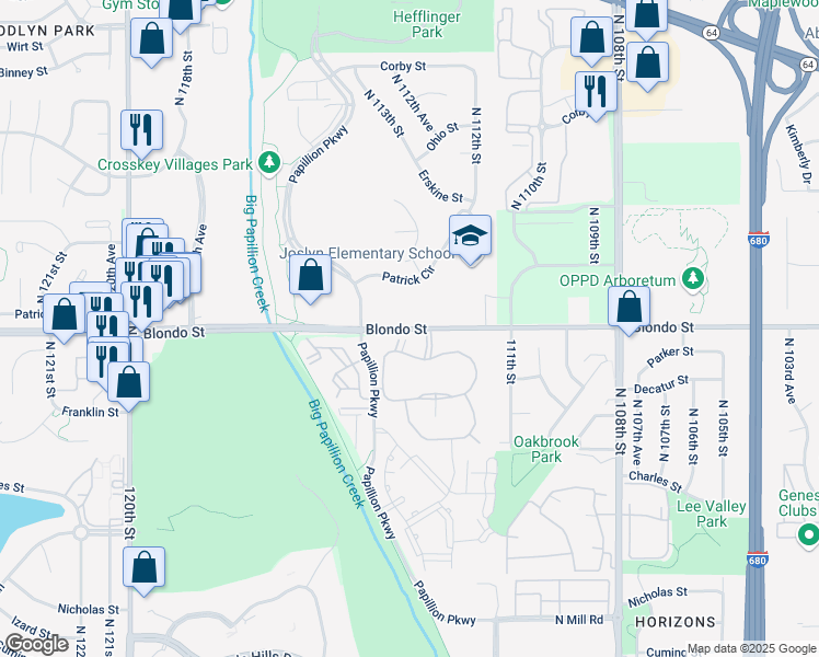 map of restaurants, bars, coffee shops, grocery stores, and more near 11220 Blondo Street in Omaha