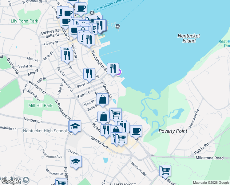 map of restaurants, bars, coffee shops, grocery stores, and more near 6 Mariner Way in Nantucket