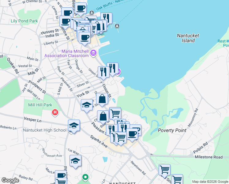 map of restaurants, bars, coffee shops, grocery stores, and more near 70 Union Street in Nantucket