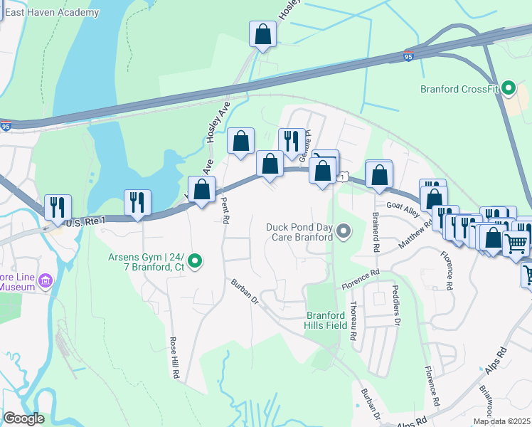map of restaurants, bars, coffee shops, grocery stores, and more near 14 Summit Place in Branford