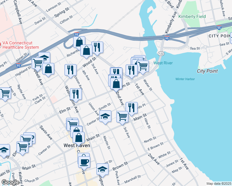 map of restaurants, bars, coffee shops, grocery stores, and more near in West Haven