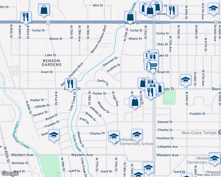 map of restaurants, bars, coffee shops, grocery stores, and more near 7612 Davis Circle in Omaha