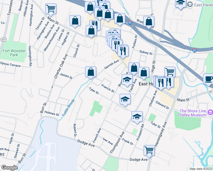 map of restaurants, bars, coffee shops, grocery stores, and more near 17 Leonard Street in East Haven