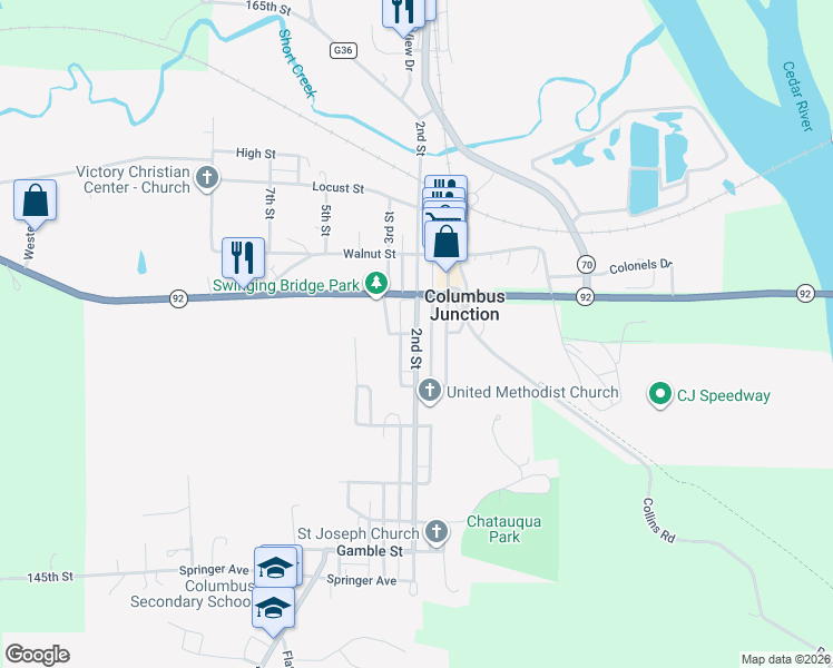 map of restaurants, bars, coffee shops, grocery stores, and more near 400 2nd Street in Columbus Junction