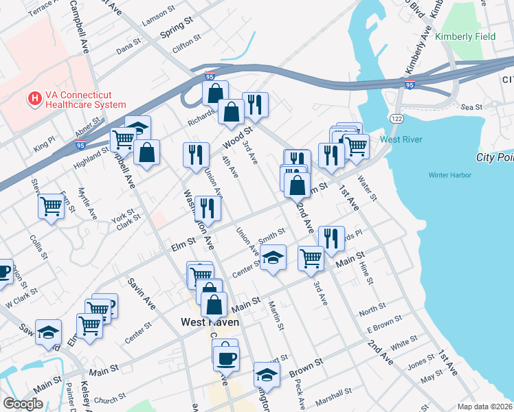 map of restaurants, bars, coffee shops, grocery stores, and more near 646 3rd Avenue in West Haven