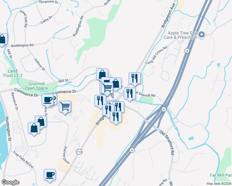 map of restaurants, bars, coffee shops, grocery stores, and more near 20 Mill Street in Shelton