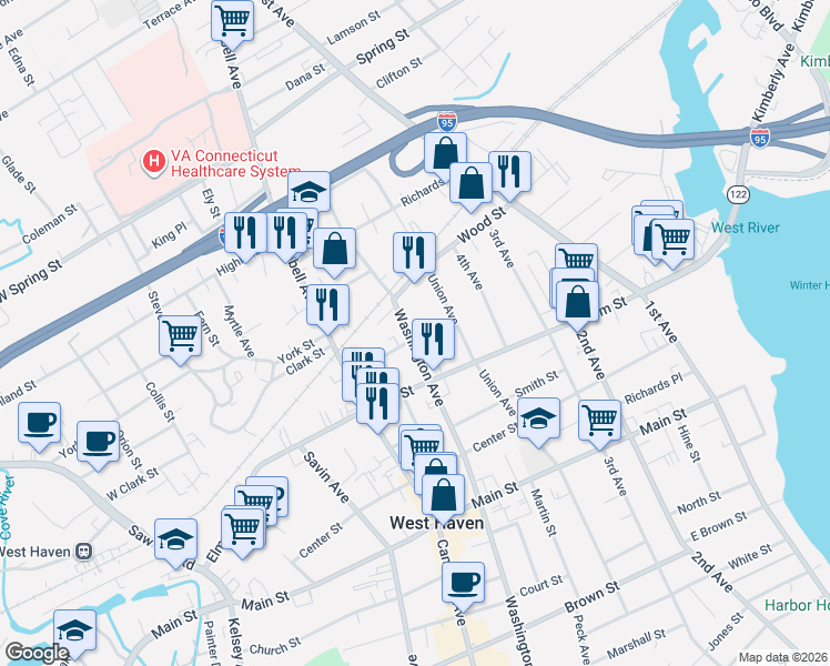 map of restaurants, bars, coffee shops, grocery stores, and more near 723 Washington Avenue in West Haven