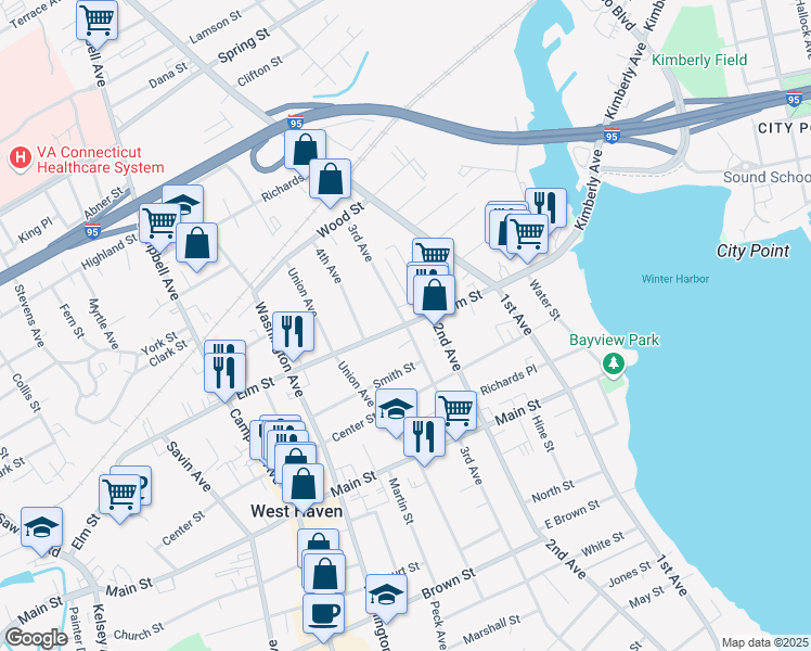 map of restaurants, bars, coffee shops, grocery stores, and more near Elm Street & 3rd Avenue in West Haven