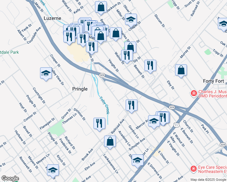 map of restaurants, bars, coffee shops, grocery stores, and more near 357 Union St in Luzerne