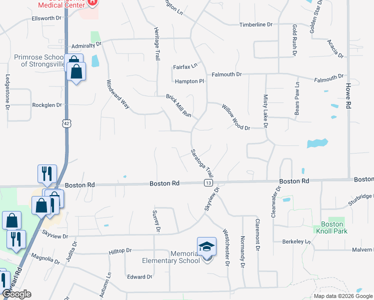 map of restaurants, bars, coffee shops, grocery stores, and more near 19230 Saratoga Trail in Strongsville