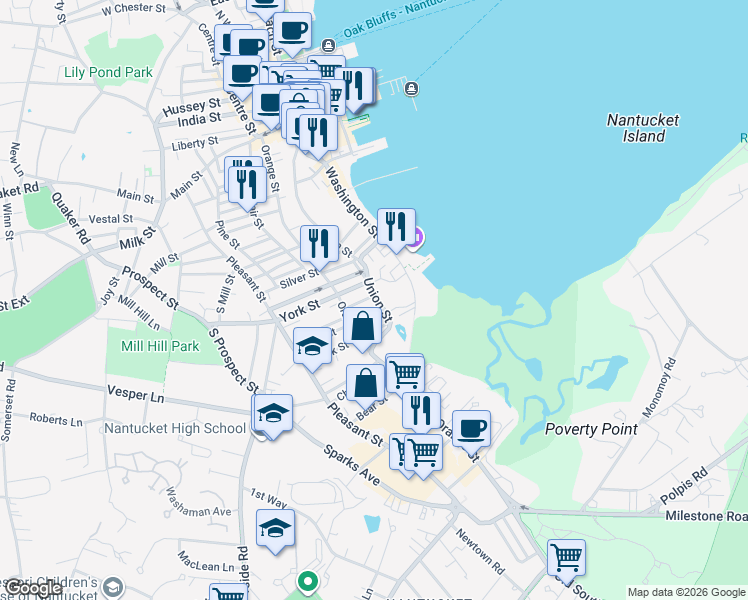 map of restaurants, bars, coffee shops, grocery stores, and more near 67 Union Street in Nantucket