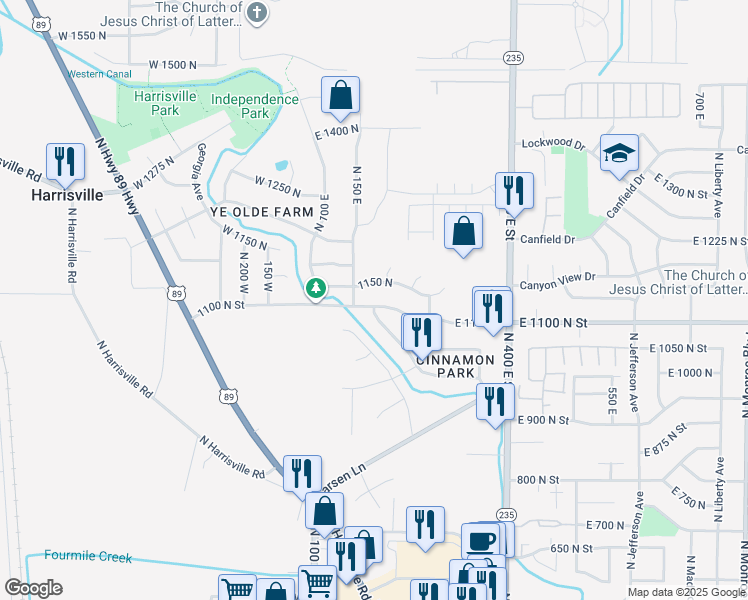 map of restaurants, bars, coffee shops, grocery stores, and more near 170 East 1100 North in Harrisville