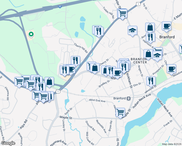 map of restaurants, bars, coffee shops, grocery stores, and more near 10 Cherry Hill Road in Branford
