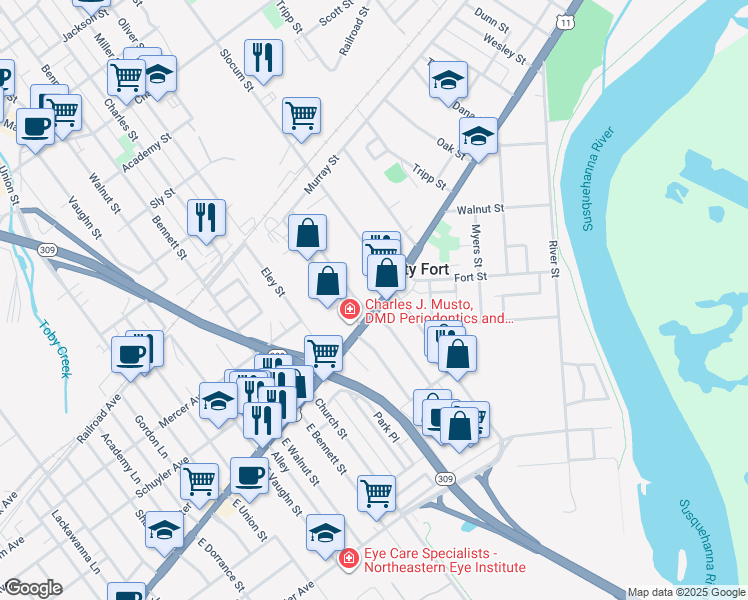 map of restaurants, bars, coffee shops, grocery stores, and more near 73 W Pettebone St in Forty Fort