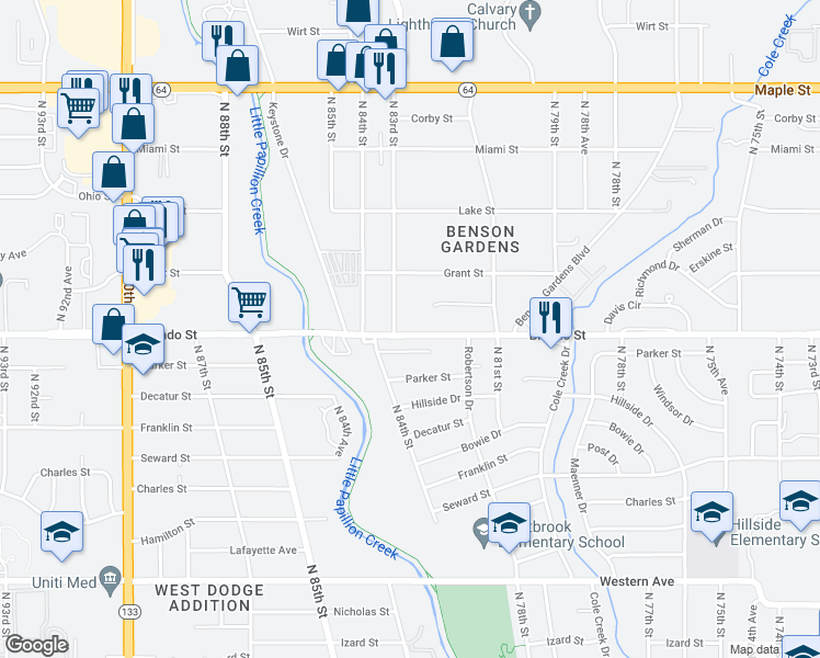 map of restaurants, bars, coffee shops, grocery stores, and more near 8240 Blondo Street in Omaha