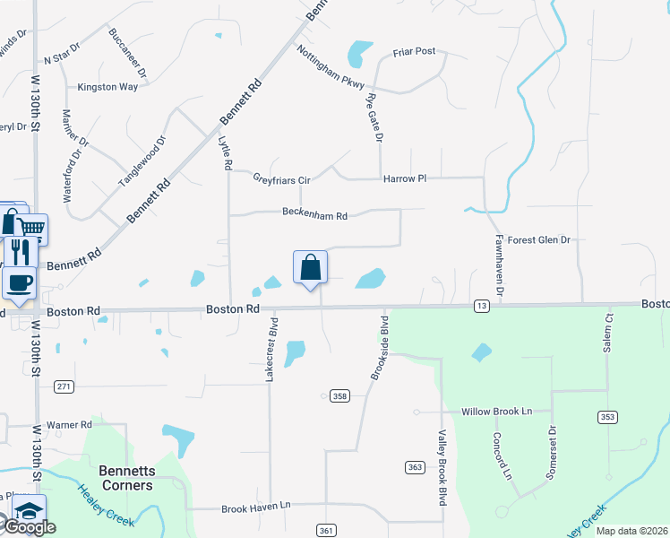 map of restaurants, bars, coffee shops, grocery stores, and more near 11875 Queensbridge Lane in North Royalton