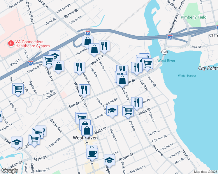 map of restaurants, bars, coffee shops, grocery stores, and more near 646 3rd Avenue in West Haven