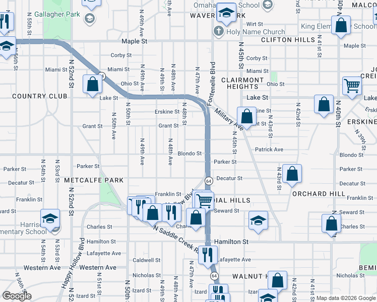 map of restaurants, bars, coffee shops, grocery stores, and more near 2015 North 48th Street in Omaha