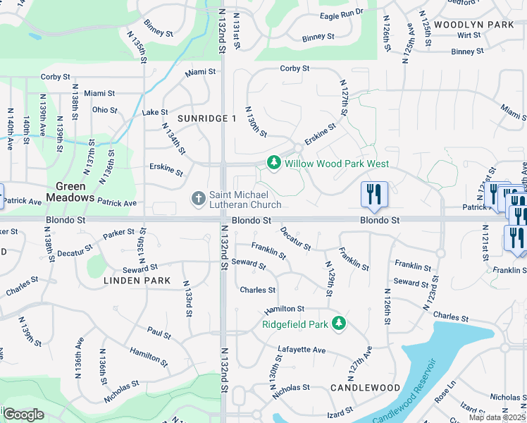 map of restaurants, bars, coffee shops, grocery stores, and more near 13058 Patrick Circle in Omaha