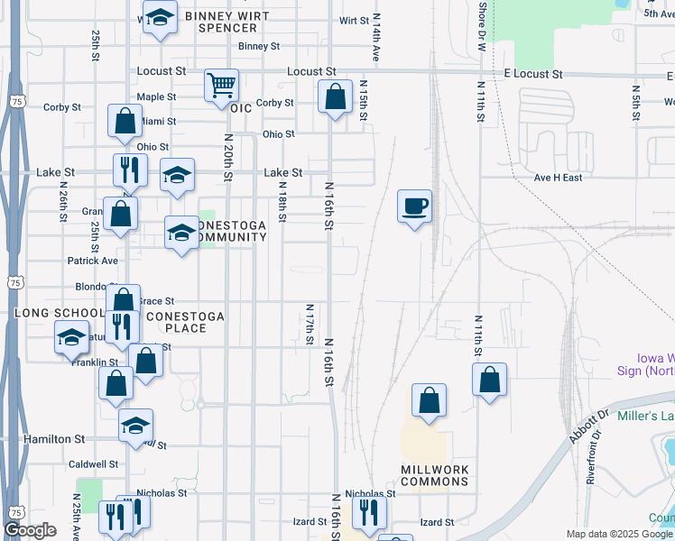 map of restaurants, bars, coffee shops, grocery stores, and more near 2103 North 16th Street in Omaha
