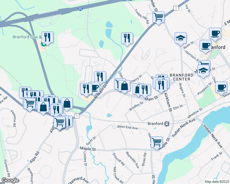 map of restaurants, bars, coffee shops, grocery stores, and more near 110 Main Street in Branford