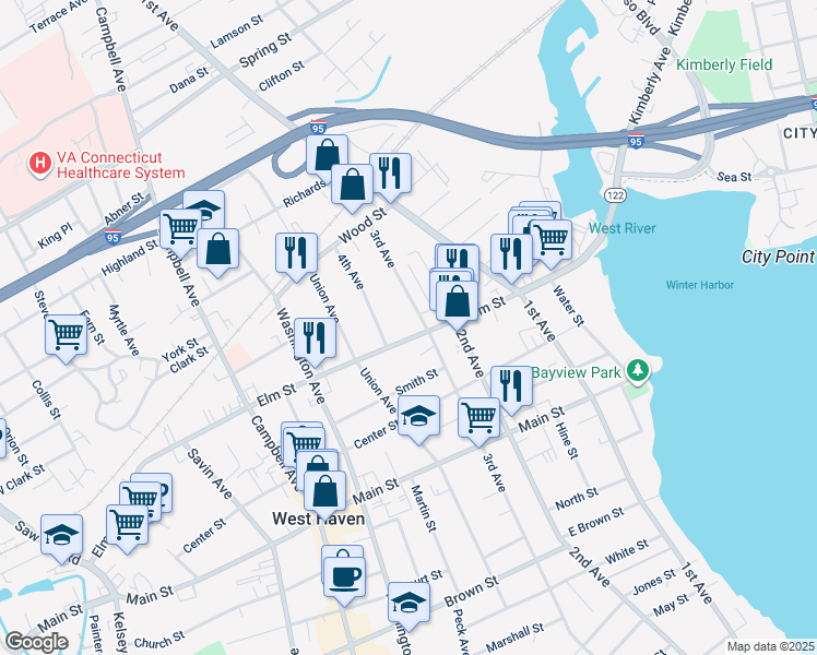 map of restaurants, bars, coffee shops, grocery stores, and more near 646 3rd Avenue in West Haven