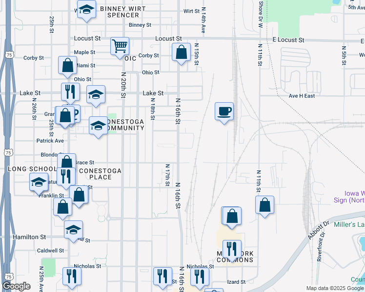 map of restaurants, bars, coffee shops, grocery stores, and more near 2103 North 16th Street in Omaha