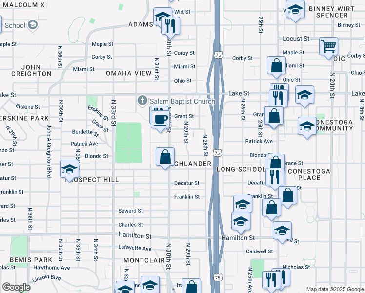 map of restaurants, bars, coffee shops, grocery stores, and more near 2115 North 29th Street in Omaha