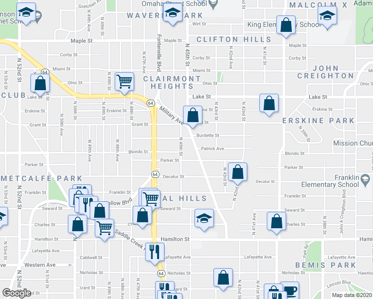 map of restaurants, bars, coffee shops, grocery stores, and more near 4459-1/2 Burdette Street in Omaha