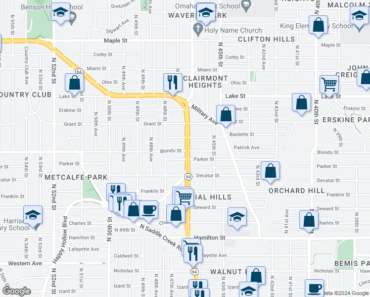 map of restaurants, bars, coffee shops, grocery stores, and more near in Omaha