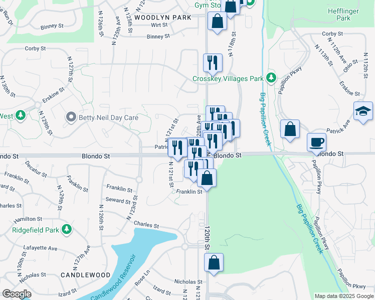 map of restaurants, bars, coffee shops, grocery stores, and more near 12066 Patrick Avenue in Omaha