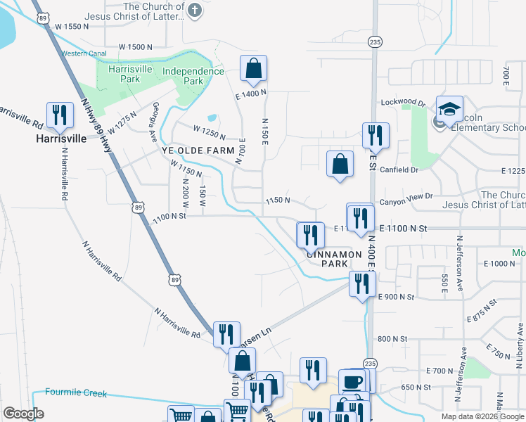 map of restaurants, bars, coffee shops, grocery stores, and more near 1100 North 125 East in Harrisville