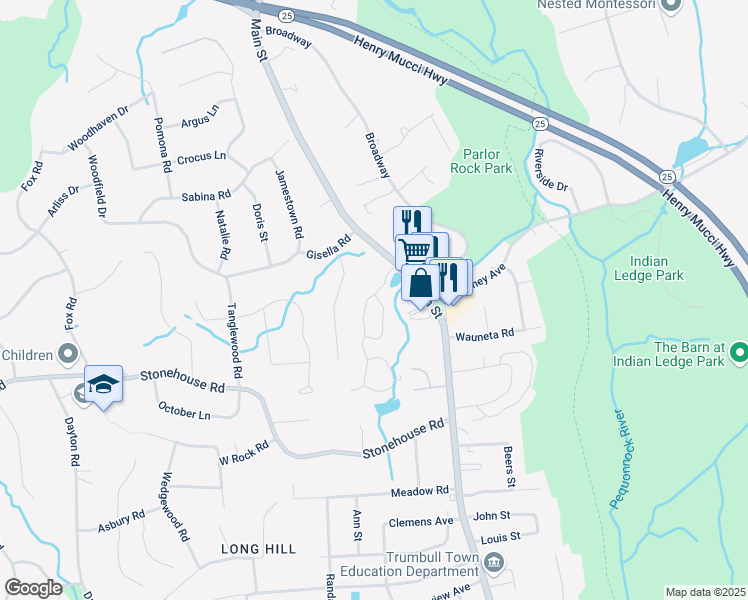 map of restaurants, bars, coffee shops, grocery stores, and more near 116 Governor Trumbull Way in Trumbull