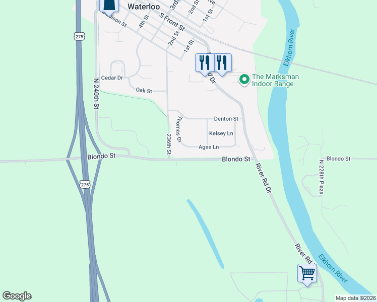 map of restaurants, bars, coffee shops, grocery stores, and more near 23412 Agee Lane in Waterloo