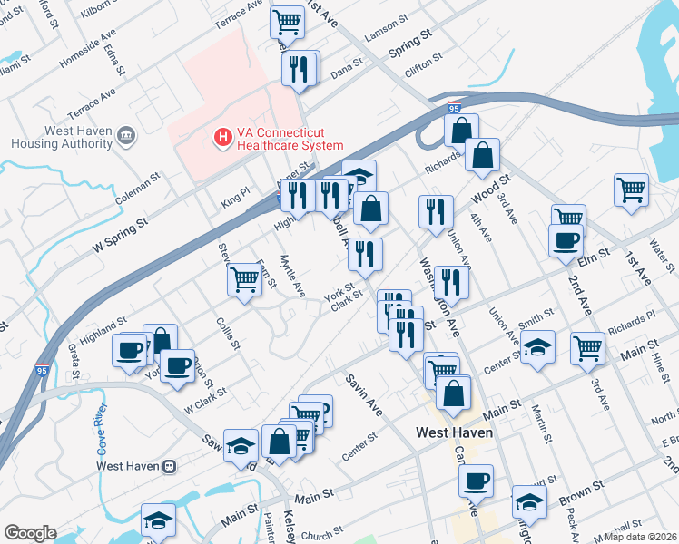 map of restaurants, bars, coffee shops, grocery stores, and more near 95 Wharton Place in West Haven