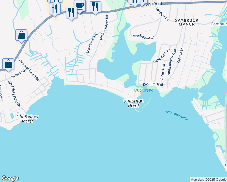 map of restaurants, bars, coffee shops, grocery stores, and more near 5 Bel Aire Manor in Old Saybrook