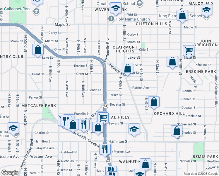 map of restaurants, bars, coffee shops, grocery stores, and more near in Omaha