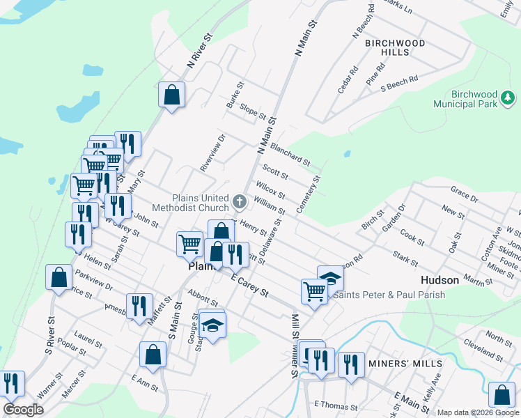 map of restaurants, bars, coffee shops, grocery stores, and more near 54 Delaware Street in Wilkes-Barre