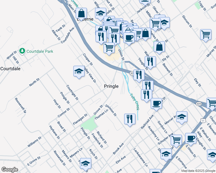 map of restaurants, bars, coffee shops, grocery stores, and more near Evans Street in Kingston