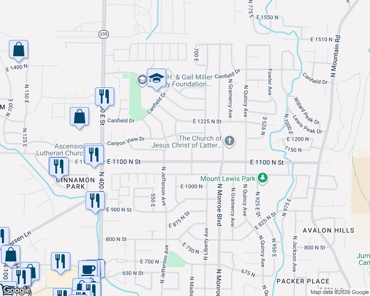 map of restaurants, bars, coffee shops, grocery stores, and more near 686 East 1150 North in Ogden