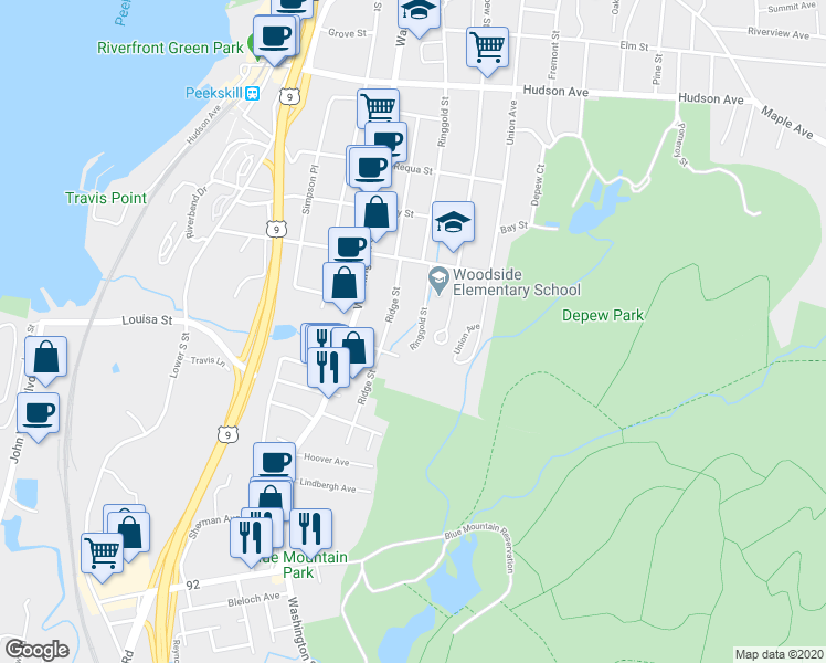 map of restaurants, bars, coffee shops, grocery stores, and more near 638 Ringgold Street in Peekskill