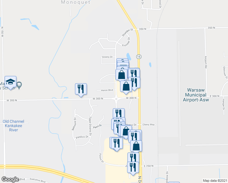 map of restaurants, bars, coffee shops, grocery stores, and more near 7331 Heron Boulevard in Warsaw