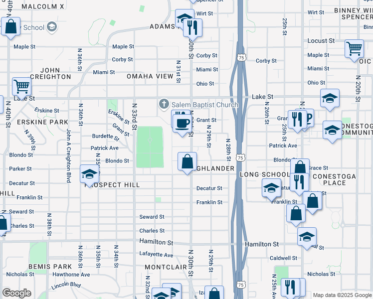 map of restaurants, bars, coffee shops, grocery stores, and more near in Omaha