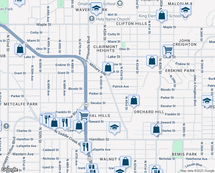 map of restaurants, bars, coffee shops, grocery stores, and more near 4459-1/2 Burdette Street in Omaha