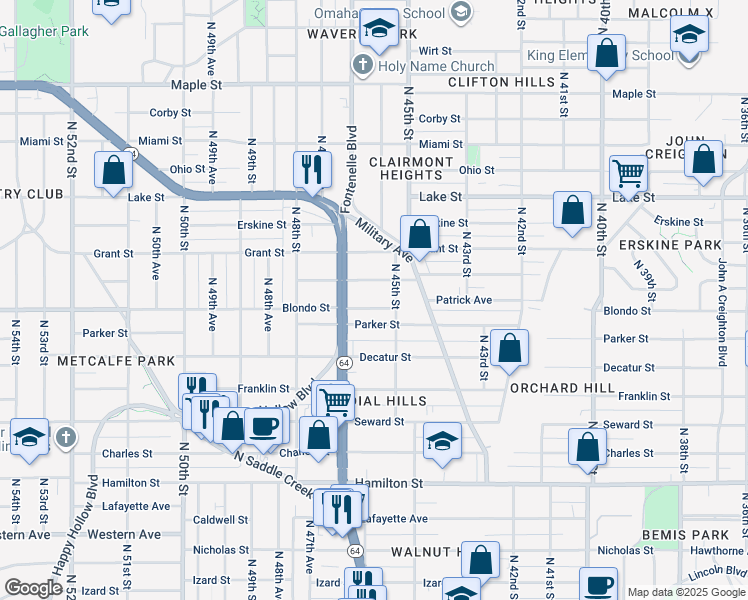 map of restaurants, bars, coffee shops, grocery stores, and more near 4515 Burdette Street in Omaha