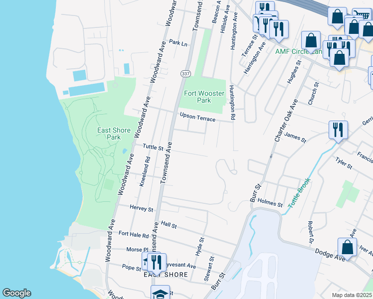 map of restaurants, bars, coffee shops, grocery stores, and more near 120 Tuttle Drive in New Haven